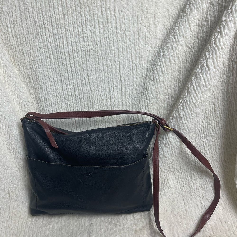 Margot Elegant Black Leather medium Shoulder Bag with Leather brown strap .